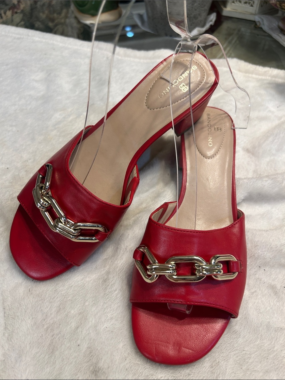Bandolino Red Slip-On Mules with Gold Chain Accent